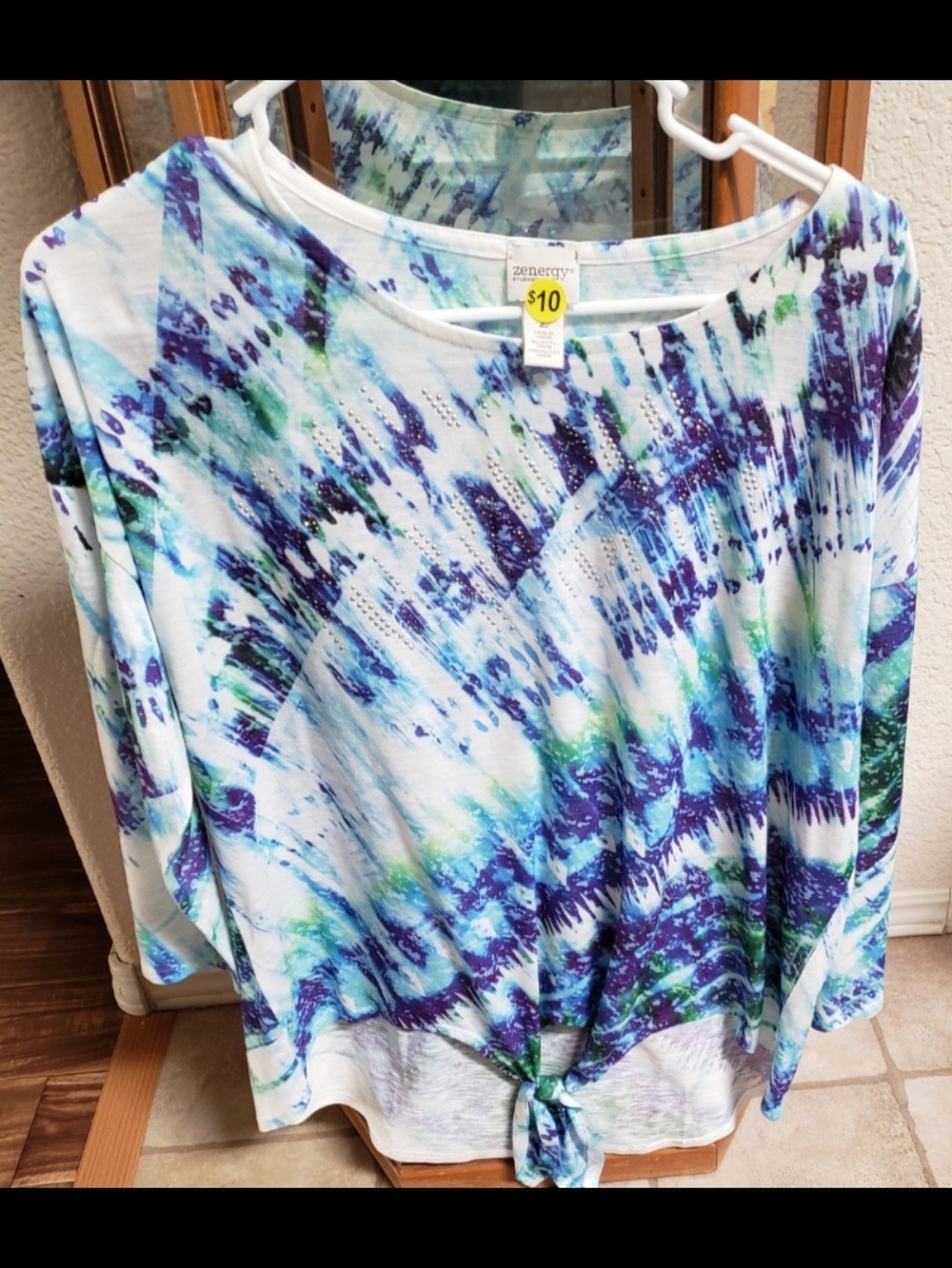 Zenergy Tie-Front Long Sleeve Blouse in Blue Multi
